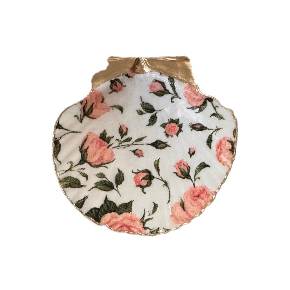 Pink Rose Trinket Dish, Floral Scallop Shell Ring Dish, Cottagecore Gift - Picture 2 of 5